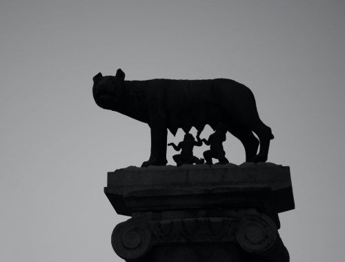 ancient sculpture of mythical romulus and remus