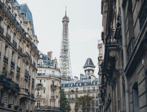 eiffel tower behind buildings