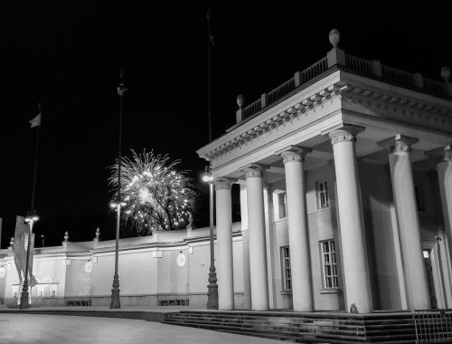 grayscale photography of building with columns